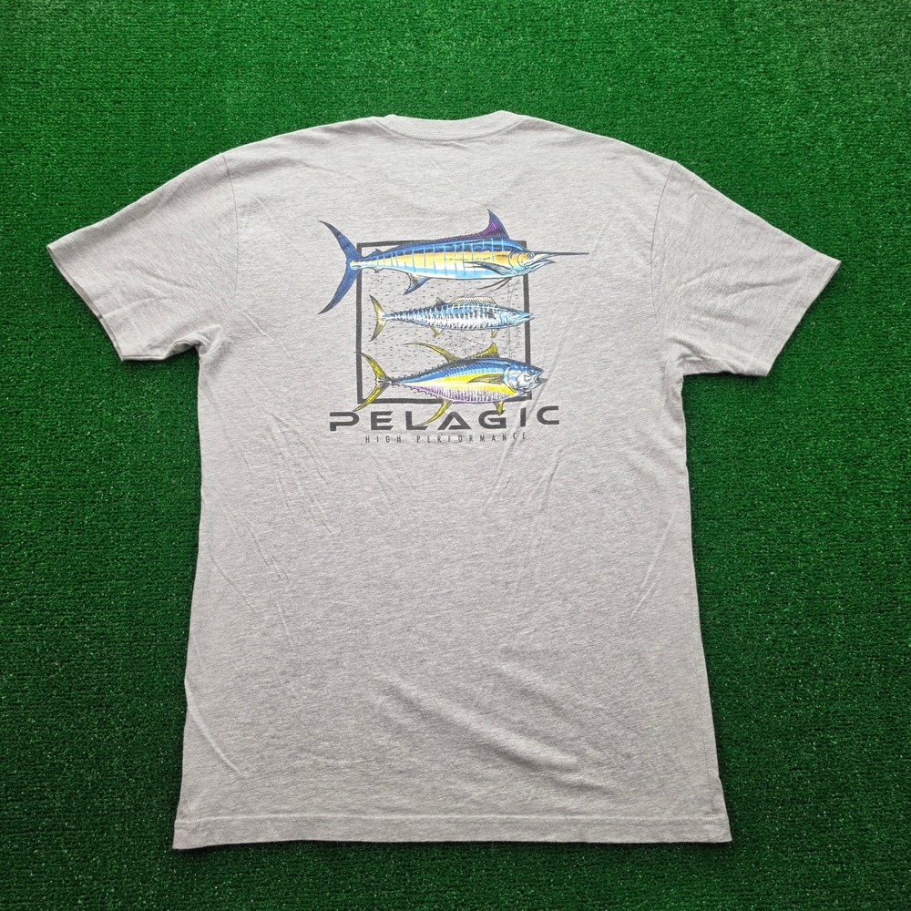 Pelagic High Performance Offshore Fishing Graphic Tshirt Mens Medium Gray